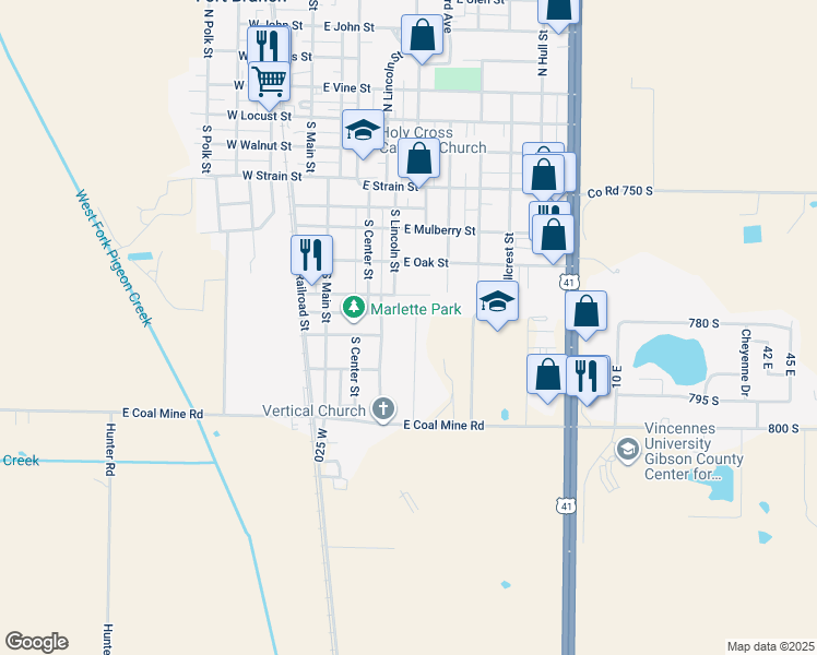 map of restaurants, bars, coffee shops, grocery stores, and more near 7849/7855 Andee Lane in Fort Branch