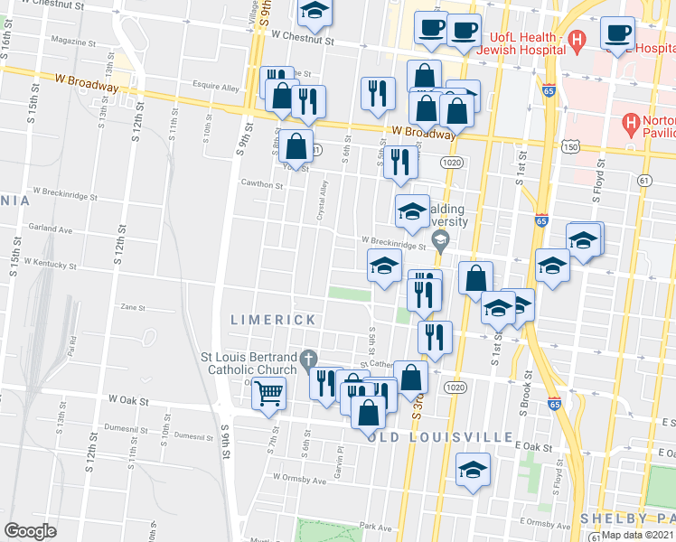 map of restaurants, bars, coffee shops, grocery stores, and more near 931 South 6th Street in Louisville