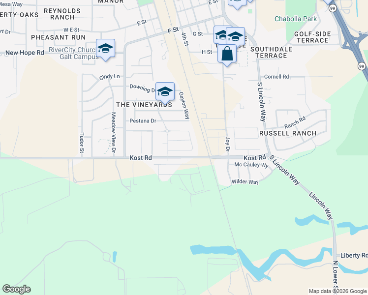 map of restaurants, bars, coffee shops, grocery stores, and more near 14180 Joy Drive in Galt