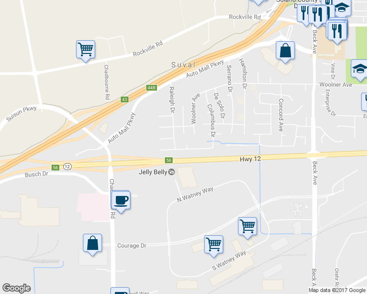 map of restaurants, bars, coffee shops, grocery stores, and more near 101 De Leon Court in Fairfield