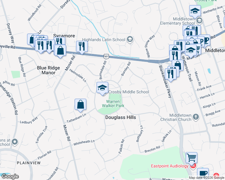 map of restaurants, bars, coffee shops, grocery stores, and more near 411 Logsdon Court in Douglass Hills