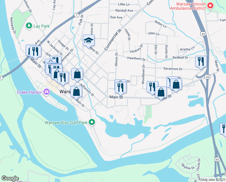 map of restaurants, bars, coffee shops, grocery stores, and more near 617 Illinois Street in Warsaw