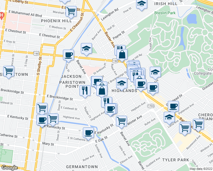 map of restaurants, bars, coffee shops, grocery stores, and more near 1338 East Breckinridge Street in Louisville