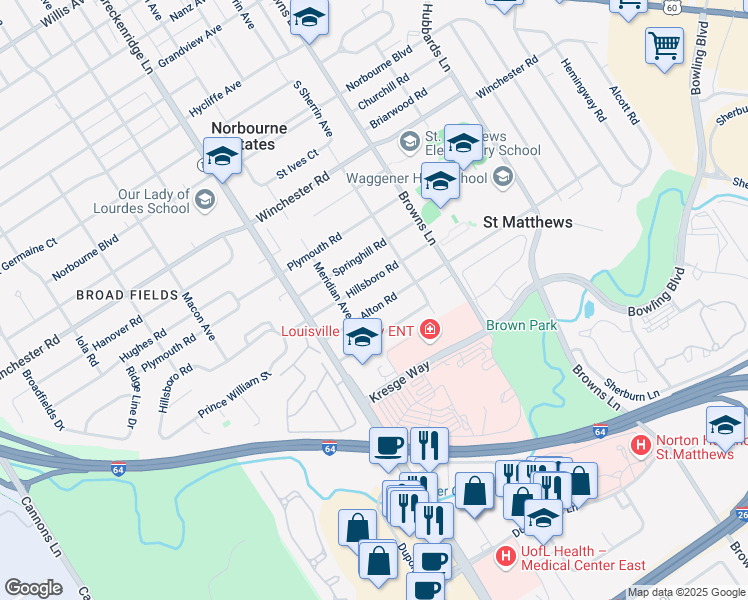 map of restaurants, bars, coffee shops, grocery stores, and more near in Saint Matthews