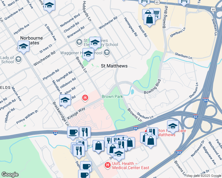 map of restaurants, bars, coffee shops, grocery stores, and more near 504 Tower Drive in Louisville