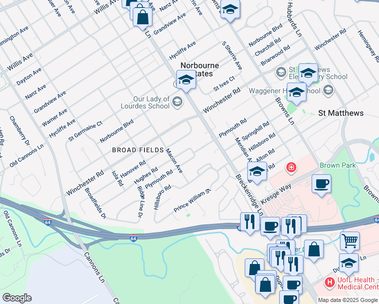 map of restaurants, bars, coffee shops, grocery stores, and more near 3710 Hughes Road in Louisville