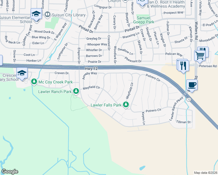 map of restaurants, bars, coffee shops, grocery stores, and more near 340 Childs Court in Suisun City