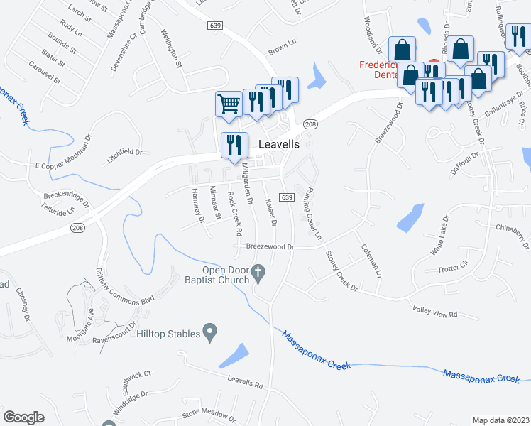 map of restaurants, bars, coffee shops, grocery stores, and more near 2113 Kaiser Drive in Fredericksburg