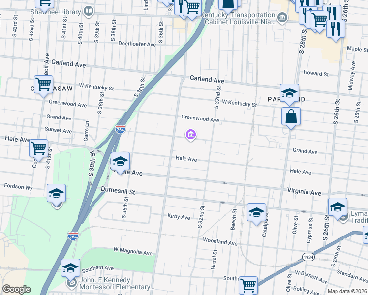 map of restaurants, bars, coffee shops, grocery stores, and more near 12 Grand Avenue Court in Louisville
