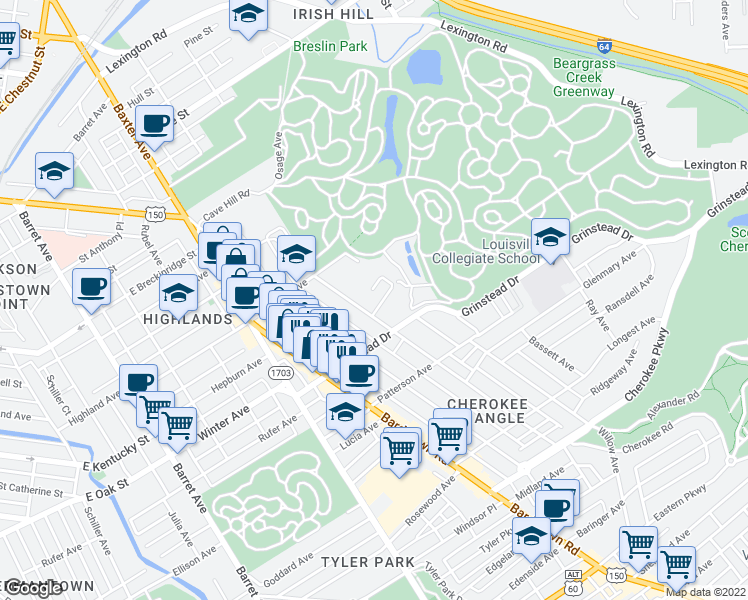 map of restaurants, bars, coffee shops, grocery stores, and more near 2211 Dearing Court in Louisville