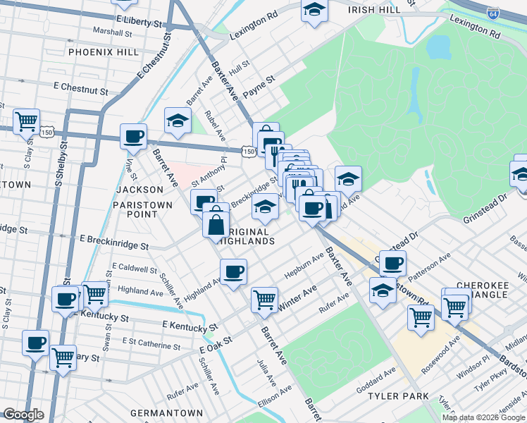 map of restaurants, bars, coffee shops, grocery stores, and more near 1430 Christy Avenue in Louisville