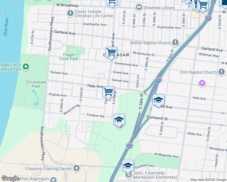 map of restaurants, bars, coffee shops, grocery stores, and more near 1104 South 41st Street in Louisville