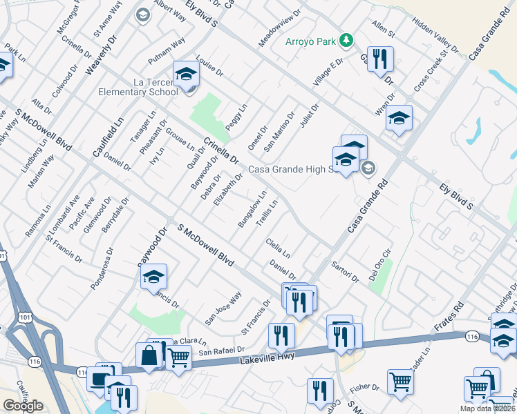 map of restaurants, bars, coffee shops, grocery stores, and more near 1577 Trellis Lane in Petaluma