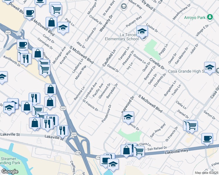 map of restaurants, bars, coffee shops, grocery stores, and more near 1313 Glenwood Drive in Petaluma