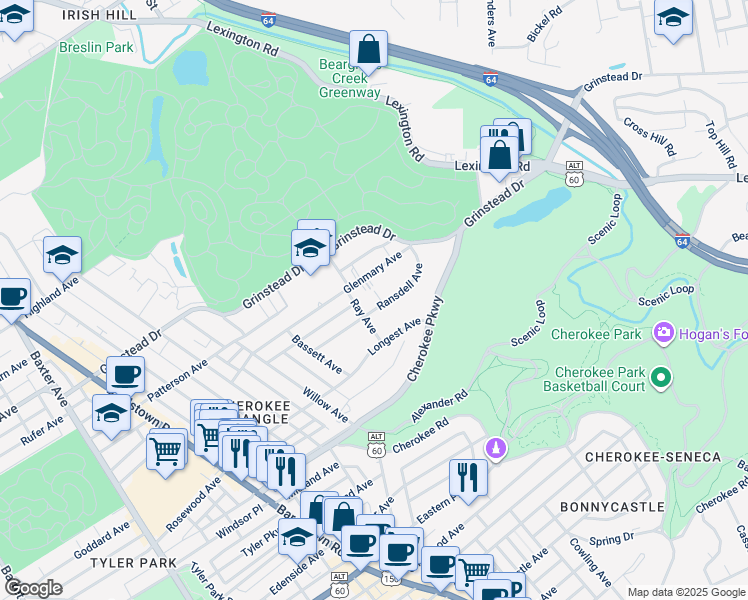 map of restaurants, bars, coffee shops, grocery stores, and more near 2519 Ransdell Avenue in Louisville