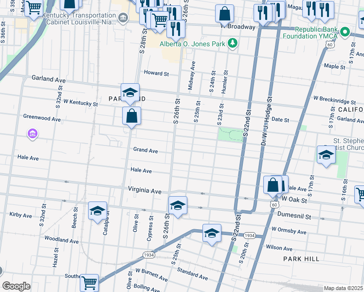 map of restaurants, bars, coffee shops, grocery stores, and more near 2533 Grand Avenue in Louisville