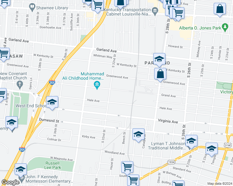 map of restaurants, bars, coffee shops, grocery stores, and more near in Louisville