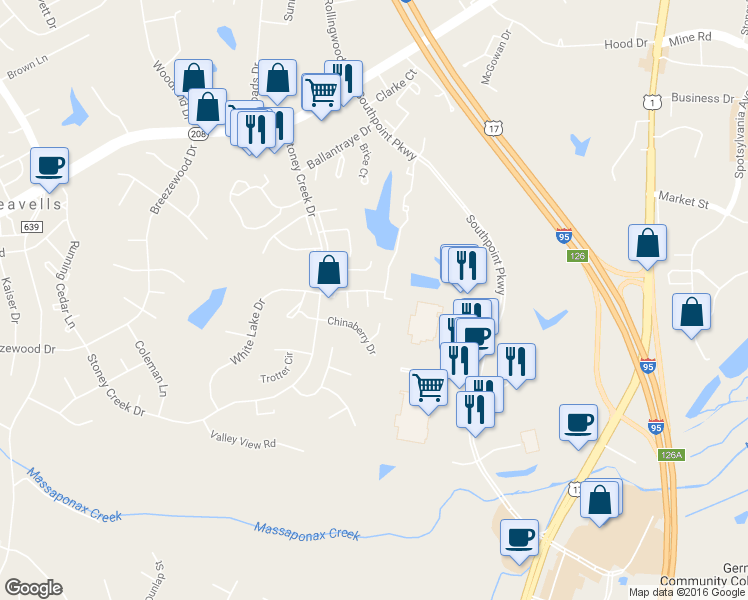 map of restaurants, bars, coffee shops, grocery stores, and more near 5118 Fox Mill Court in Fredericksburg
