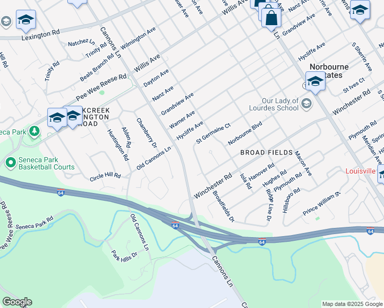 map of restaurants, bars, coffee shops, grocery stores, and more near 904 Broadfields Drive in Louisville
