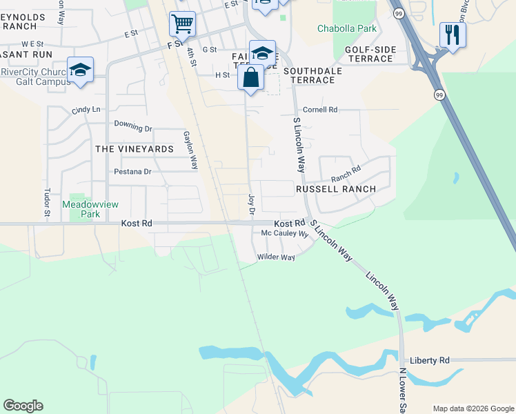 map of restaurants, bars, coffee shops, grocery stores, and more near 1124 Dorothy Lane in Galt