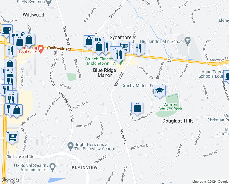 map of restaurants, bars, coffee shops, grocery stores, and more near 305 Moser Road in Louisville