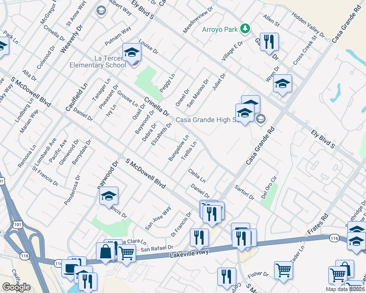map of restaurants, bars, coffee shops, grocery stores, and more near 1577 Trellis Lane in Petaluma