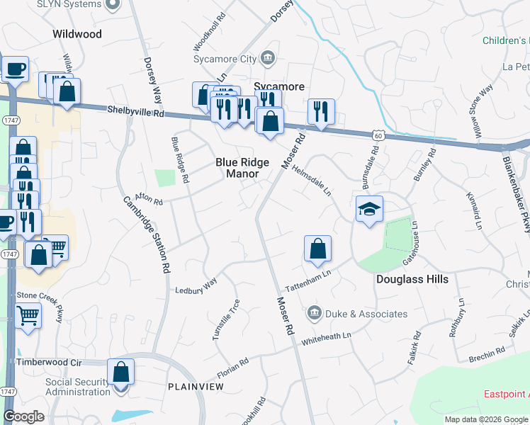 map of restaurants, bars, coffee shops, grocery stores, and more near 305 Moser Road in Louisville