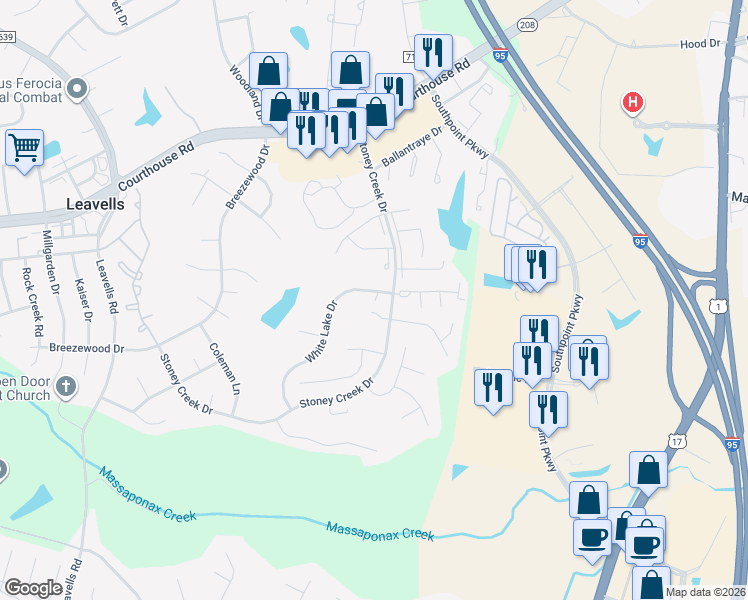 map of restaurants, bars, coffee shops, grocery stores, and more near 2020 White Lake Drive in Fredericksburg
