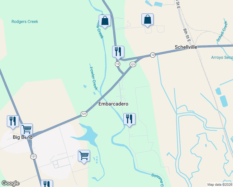 map of restaurants, bars, coffee shops, grocery stores, and more near 23105 Millerick Road in Sonoma