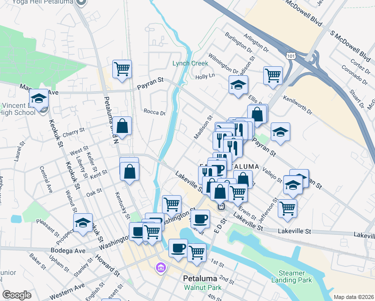 map of restaurants, bars, coffee shops, grocery stores, and more near 102 Edith Street in Petaluma