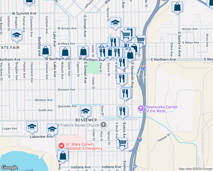 map of restaurants, bars, coffee shops, grocery stores, and more near 1433 Spruce Street in Pueblo