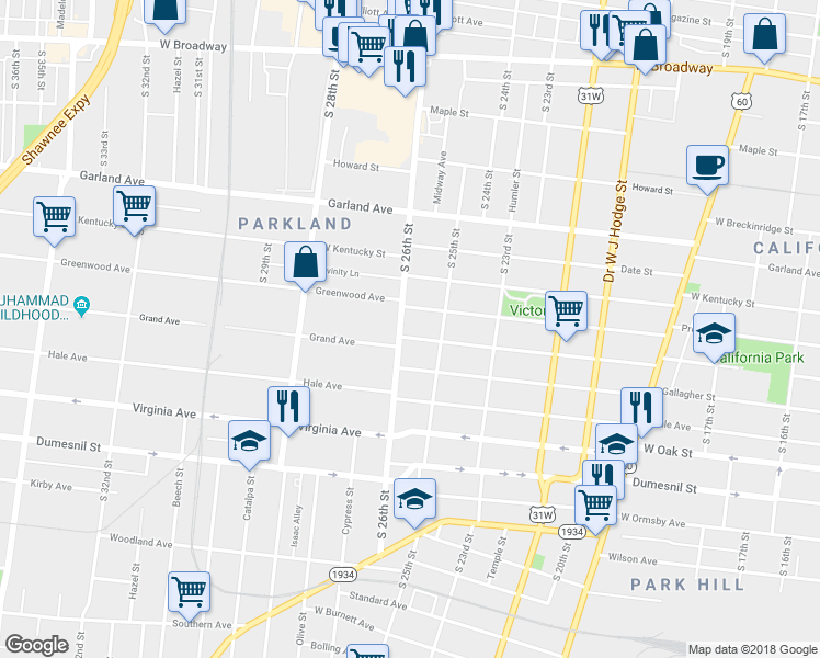 map of restaurants, bars, coffee shops, grocery stores, and more near 2533 Grand Avenue in Louisville