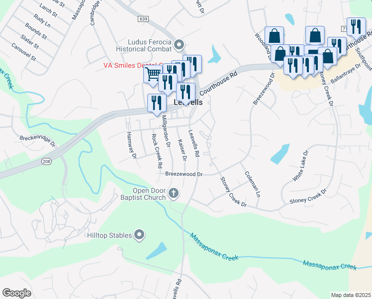 map of restaurants, bars, coffee shops, grocery stores, and more near 2120 Kaiser Drive in Fredericksburg
