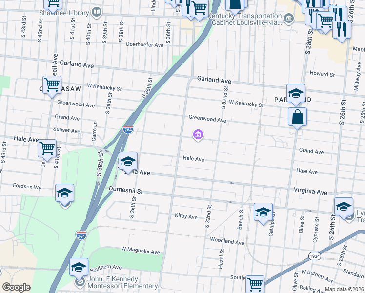 map of restaurants, bars, coffee shops, grocery stores, and more near 12 Grand Avenue Court in Louisville