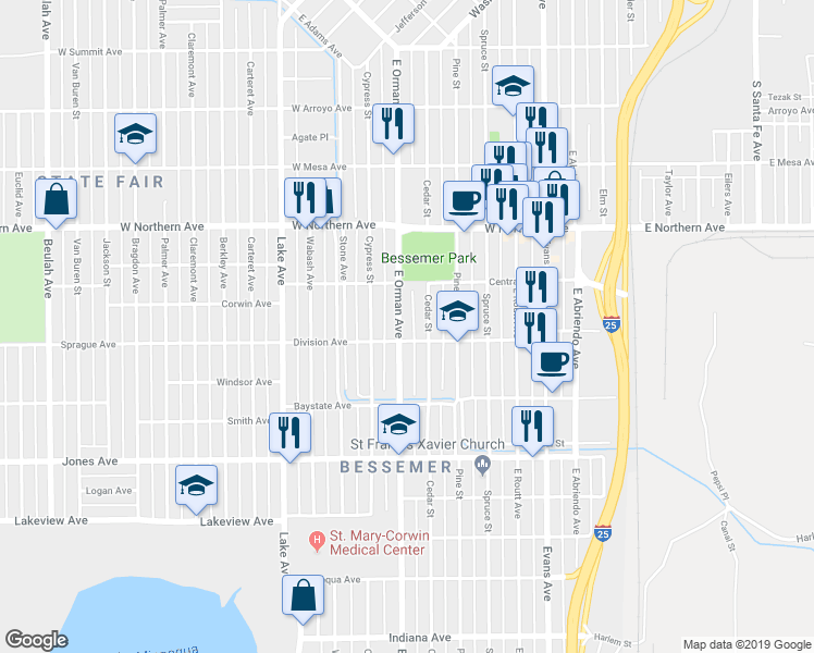 map of restaurants, bars, coffee shops, grocery stores, and more near 1434 East Orman Avenue in Pueblo