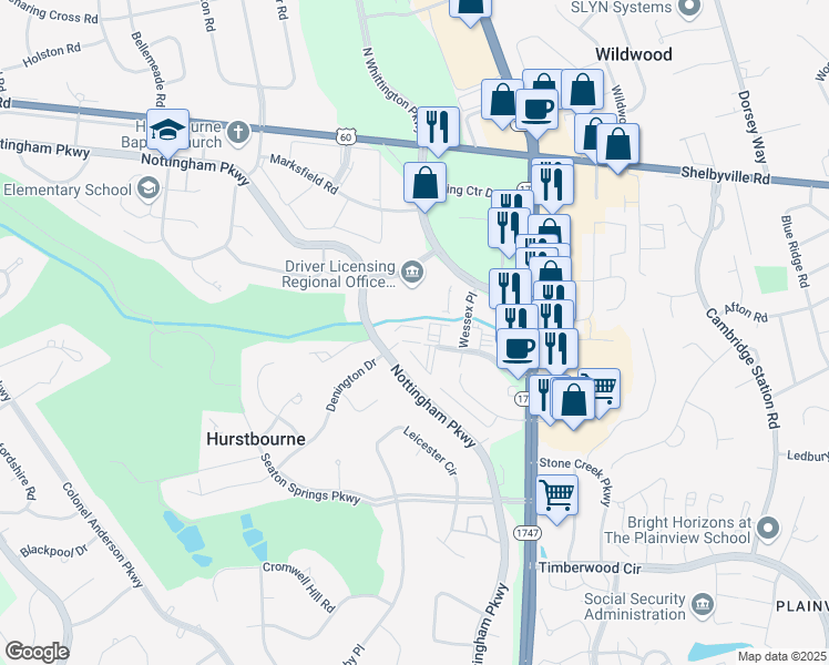 map of restaurants, bars, coffee shops, grocery stores, and more near 9401 Williamsburg Plaza in Louisville