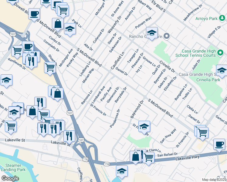 map of restaurants, bars, coffee shops, grocery stores, and more near 1313 Glenwood Drive in Petaluma
