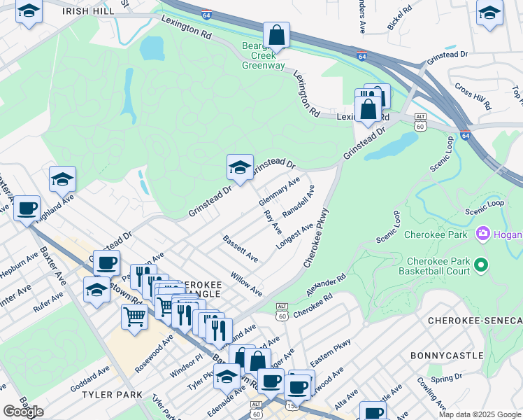 map of restaurants, bars, coffee shops, grocery stores, and more near 2466 Glenmary Avenue in Louisville