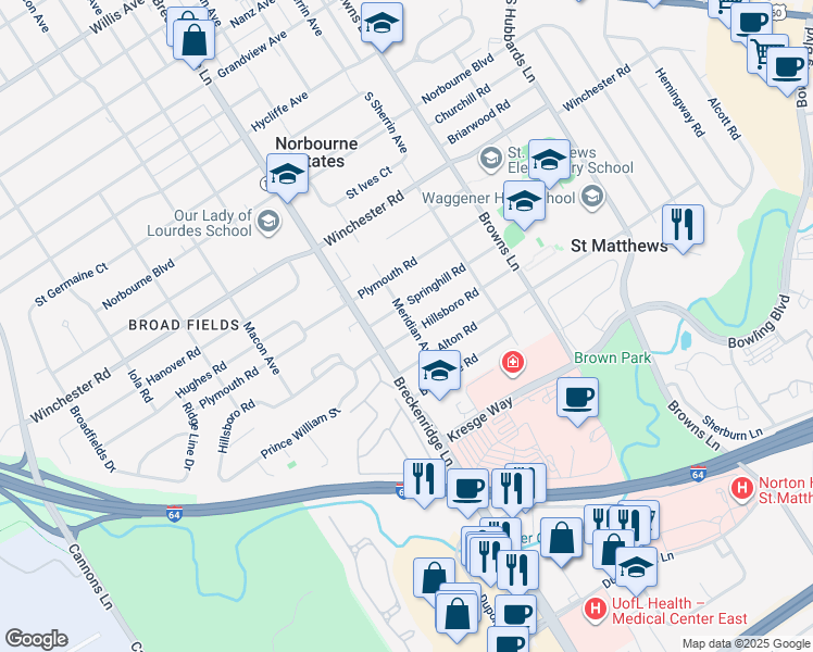 map of restaurants, bars, coffee shops, grocery stores, and more near 3915 Hillsboro Road in Louisville