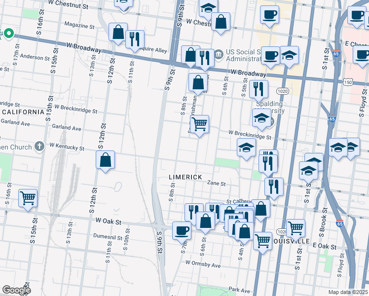 map of restaurants, bars, coffee shops, grocery stores, and more near 15 College Court in Louisville