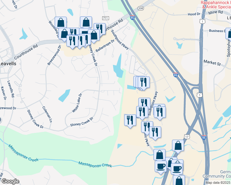 map of restaurants, bars, coffee shops, grocery stores, and more near 5116 Fox Mill Court in Fredericksburg