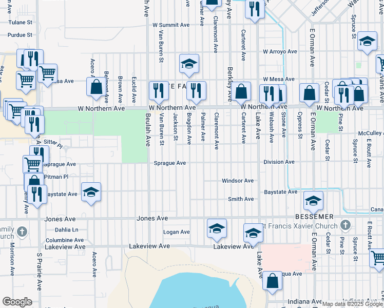 map of restaurants, bars, coffee shops, grocery stores, and more near 1518 Bragdon Avenue in Pueblo