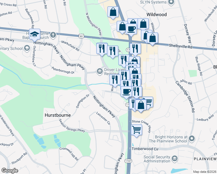 map of restaurants, bars, coffee shops, grocery stores, and more near 9505 Williamsburg Plaza in Louisville