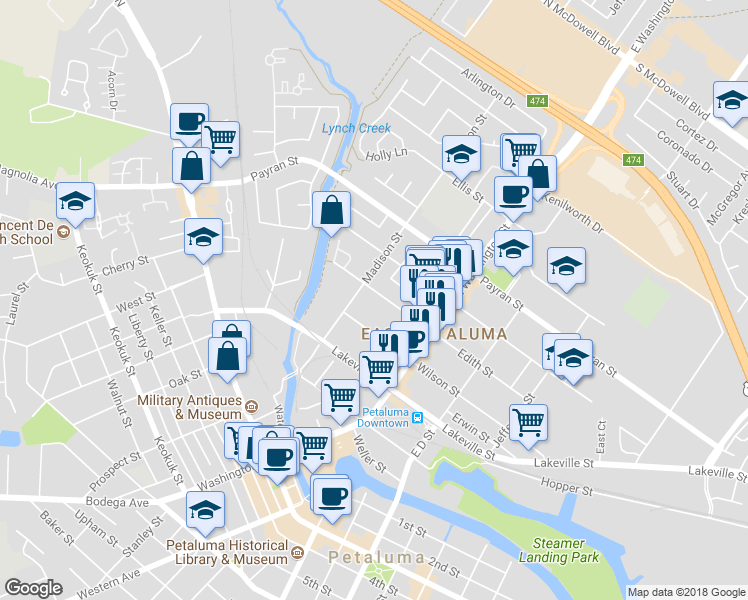 map of restaurants, bars, coffee shops, grocery stores, and more near 102 Edith Street in Petaluma