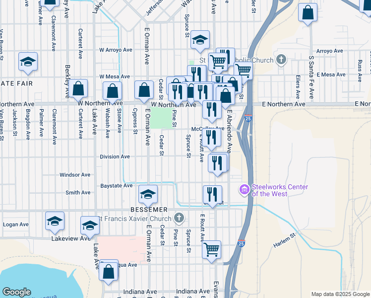 map of restaurants, bars, coffee shops, grocery stores, and more near 1433 Spruce Street in Pueblo