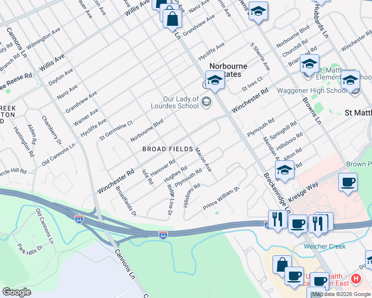 map of restaurants, bars, coffee shops, grocery stores, and more near in Broad Fields