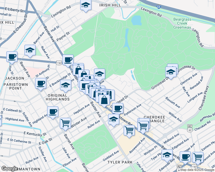 map of restaurants, bars, coffee shops, grocery stores, and more near 1028 Everett Avenue in Louisville