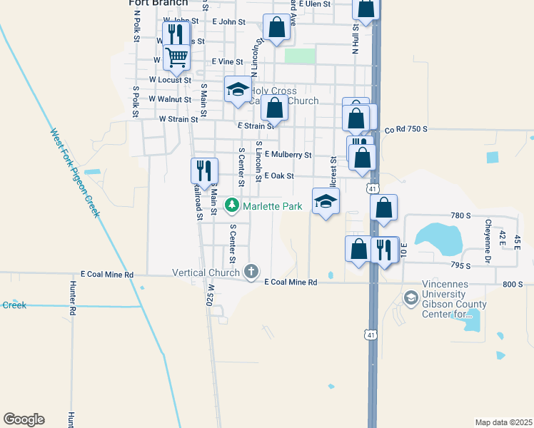 map of restaurants, bars, coffee shops, grocery stores, and more near 7849/7855 Andee Lane in Fort Branch