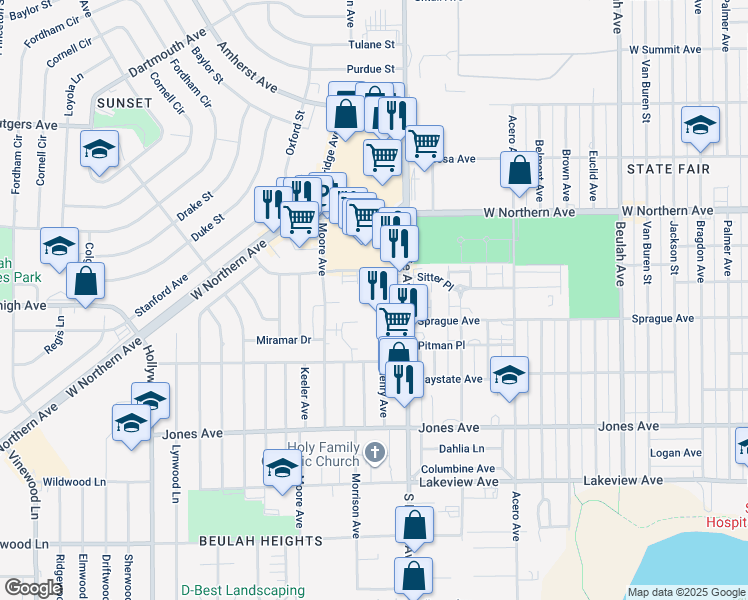 map of restaurants, bars, coffee shops, grocery stores, and more near 1545 S Prairie Ave in Pueblo
