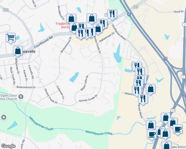 map of restaurants, bars, coffee shops, grocery stores, and more near 2014 White Lake Drive in Fredericksburg